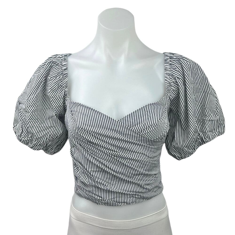 NEW J.Crew White Striped Sweetheart Neck Short Balloon Sleeve Smocked Crop Top M